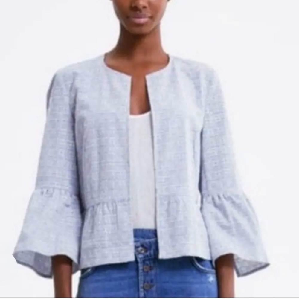 ZARA Embroidered Eyelet Ruffle Bell Sleeve Jacket Light Blue Medium